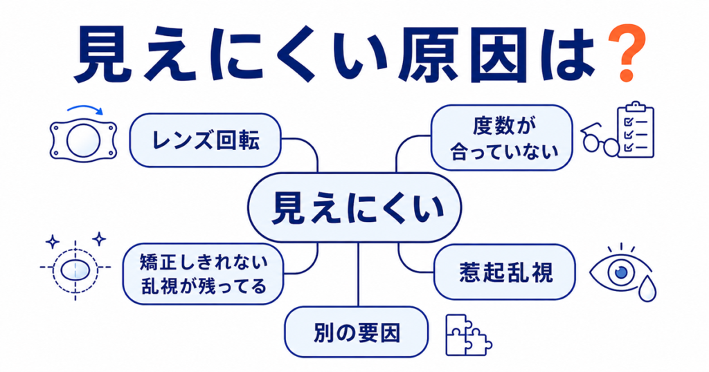 ICL手術後に見えにくいと感じる原因を「レンズ回転」「度数が合っていない」「矯正しきれない乱視が残っている」「惹起乱視」「別の要因」に整理した図
